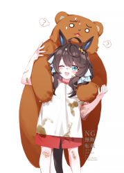 1girl ? aged_down ahoge animal_ears aqua_eyes bandaid bandaid_on_knee bandaid_on_leg bear brown_hair child daring_tact_(umamusume) dirty dirty_clothes feet_out_of_frame hair_ornament horse_ears horse_girl horse_tail long_hair looking_at_viewer open_mouth red_shorts romi_(346_ura) shirt short_sleeves shorts simple_background smile solo spoken_question_mark standing tail umamusume watermark white_background white_shirt