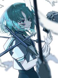 1girl 1other ado_(utaite) akuru-chan_(ado) arrow_(projectile) bandaid bandaid_on_face blue_eyes blue_hair cloud_nine_inc commentary eien_no_akuru_hi highres puffy_short_sleeves puffy_sleeves sailor_collar school_uniform scrape serafuku short_hair short_sleeves solo solo_focus takayou white_background white_sailor_collar