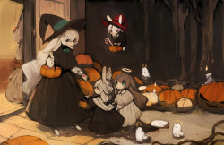 4girls animal_ears bandaged_head bandages black_dress black_eyes black_hat brown_hair candy candy_cane child commentary dress ears_through_headwear flying food ghost green_eyes halloween halloween_bucket halo hat highres jack-o&#039;-lantern long_dress long_hair looking_at_another loose_bandages multiple_girls original pumpkin rabbit_ears rabbit_girl red_eyes red_hat sack shirokujira standing traditional_halo tree trick_or_treat white_dress white_hair witch_hat