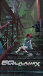 1boy 2girls absurdres amate_yuzuriha bag beanie bigchaping blue_hair chinese_commentary commentary_request copyright_name glowing glowing_eyes gquuuuuux green_skirt gundam gundam_gquuuuuux hangar haro hat highres industrial mecha mobile_suit multiple_girls nyaan_(gundam_gquuuuuux) pet purple_hair railing red_hair robot scaffolding school_bag school_uniform science_fiction shoes shuji_ito sign sitting sitting_on_stairs skirt socks stairs standing title unworn_shoes walking wide_shot