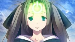 1girl black_dress blue_bow blue_eyes blue_sky bow cloud cloudy_sky dress ears_visible_through_hair expressionless frilled_dress frilled_sleeves frills fukuda_tomonori game_cg glowing grey_hair hair_between_eyes hair_bow highres long_hair non-web_source official_art power_symbol puffy_short_sleeves puffy_sleeves robotics;notes shiny_eyes short_sleeves sky sleeveless_vest solo tareme twintails yukifune_airi
