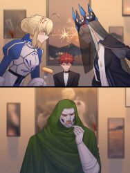 Rule 34 | 2boys, 2girls, ahoge, armor, armored dress, artoria pendragon (fate), blonde hair, braid, cape, crossover, doctor doom, dress, emiya shirou, fate/stay night, fate (series), green eyes, hair bun, hair ribbon, highres, hood, lightning glare, long hair, mask, morgan le fay (fate), multiple boys, multiple girls, orange hair, red hair, ribbon, saber (fate), siblings, sisters, smile, suhyeon