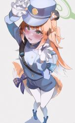 1girl absurdres alternate_costume animal_ears blonde_hair blue_archive blue_hat blue_jacket blue_shoes blue_shorts blush gloves green_eyes green_halo grey_hair halo hat highres jacket ju_fufu long_hair multicolored_hair pantyhose shoes shorts solo tail tiger_ears tiger_girl tiger_tail two-tone_hair white_gloves white_pantyhose yato_(yama0x1) zenless_zone_zero