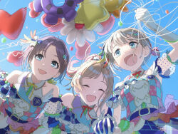 Rule 34 | 3girls, ahoge, aqua eyes, aqua hair, asakura toru, balloon, bare shoulders, blue eyes, blue sky, bow, brown hair, closed eyes, day, detached sleeves, earrings, elbow gloves, film grain, flower balloon, gloves, gradient hair, grey hair, hair bow, hair ornament, heart balloon, highres, holding hands, idol, idol clothes, idolmaster, idolmaster shiny colors, interlocked fingers, jewelry, multicolored hair, multiple girls, neck ribbon, open mouth, outdoors, ponytail, puffy short sleeves, puffy sleeves, ribbon, sakuragi mano, serizawa asahi, shirt, short hair, short ponytail, short sleeves, sky, sleeveless, sleeveless shirt, star balloon, takada (pixiv 97599311), third-party edit, upper body, white gloves