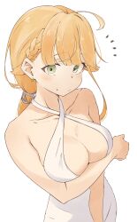Rule 34 | 1girl, absurdres, ahoge, alternate breast size, arm under breasts, armpit crease, blonde hair, blush, braid, breasts, cleavage, closed mouth, dress, eyebrows hidden by hair, green eyes, groin, hair between eyes, highres, large breasts, looking at viewer, medium hair, mushoku tensei, norn greyrat, notice, ponytail, root (1732050807point), simple background, solo, sweatdrop, white background, white dress