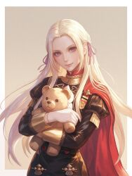 1girl bear breasts cape closed_mouth edelgard_von_hresvelg fire_emblem fire_emblem:_three_houses garreg_mach_monastery_uniform gloves hair_ornament hair_ribbon highres holding long_hair long_sleeves looking_at_viewer nintendo purple_eyes purple_ribbon red_cape ribbon side_cape simple_background smile solo stuffed_animal stuffed_toy teddy_bear upper_body white_gloves white_hair wrainbow13