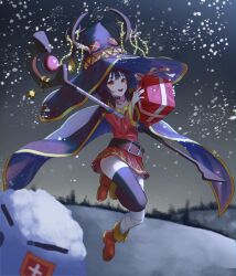 1girl absurdres bandage_on_leg bandaged_leg bandages belt black_belt black_hair blush boots box cape eh99 gift gift_box hat highres holding holding_gift holding_staff kono_subarashii_sekai_ni_shukufuku_wo! looking_at_viewer megumin open_mouth red_eyes short_hair single_thighhigh smile snow snowing solo staff thighhighs witch_hat