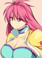 1girl breasts choker cleavage female_focus jacket kupala large_breasts leotard long_hair mighty_yukiko pink_hair purple_eyes smile solo wrestle_angels wrestle_angels_survivor wrestling_outfit