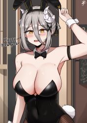 1girl absurdres animal_ears arm_up black_bow black_bowtie black_hairband black_leotard black_pantyhose blush bow bowtie breasts brown_eyes chinese_zodiac cleavage collarbone fake_animal_ears fake_tail fang fishnet_pantyhose fishnets grey_hair hair_ornament hairband highres horns large_breasts leotard long_sleeves looking_at_viewer open_mouth original pantyhose playboy_bunny rabbit_ears rabbit_tail short_hair skin_fang sleeves_past_wrists smile solo tail translation_request x_hair_ornament year_of_the_rabbit yukaraishin