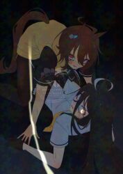Rule 34 | 2girls, adversarial noise, agnes tachyon (umamusume), ahoge, animal ears, black gloves, black hair, black necktie, black shirt, black skirt, blush, brown pantyhose, caught, chemical structure, clothing cutout, collared shirt, crossed bangs, ear ornament, earrings, flustered, gloves, hair between eyes, half gloves, hem peeking out, highres, horse ears, horse girl, horse tail, jewelry, latte tr, long hair, long hair between eyes, looking at viewer, manhattan cafe (umamusume), multicolored hair, multiple girls, necktie, pantyhose, parted lips, pleated skirt, red eyes, shirt, short-sleeved sweater, short hair, short necktie, short sleeves, single earring, skirt, smile, sweatdrop, sweater, tail, tail through clothes, umamusume, very long hair, walk-in, watermark, white hair, white shirt, yellow eyes, yellow necktie, yellow sweater, yukadon, yuri