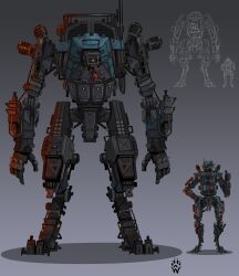 absurdres apex_legends cable commentary english_commentary full_body grey_background highres humanoid_robot looking_down looking_to_the_side mecha no_humans one-eyed orange_eyes pathfinder_(apex_legends) robot science_fiction shadow thumbs_up titan_(titanfall) titanfall_(series) wolfdawg_art