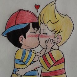 artist_request bad_tag black_hair blonde_hair blush child kiss lucas_(mother_3) mother_(series) mother_2 mother_3 ness_(mother_2) nintendo shirt shota striped_clothes striped_shirt super_smash_bros. tears traditional_media yaoi