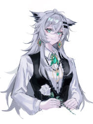1girl absurdres animal_ears aqua_eyes arknights black_nails black_vest chinese_commentary closed_mouth collared_shirt commentary_request cropped_torso crossed_bangs earrings fingernails flower gem grey_hair hair_between_eyes hair_ornament hairclip highres holding holding_flower jewelry lappland_(arknights) long_hair long_sleeves looking_at_viewer nail_polish rose scar scar_across_eye scar_on_face shirt simple_background smile solo vest waistcoat white_background white_flower white_rose white_shirt wolf_ears wolf_girl zhishi_mao_tiao