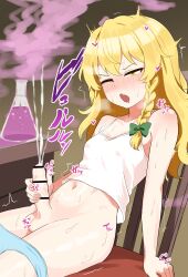 1futa absurdres bar_censor blonde_hair blue_panties blush bow braid camisole censored cum ejaculation erection erlenmeyer_flask flask foreskin futanari futanari_masturbation green_bow hair_bow highres kirisame_marisa long_hair masturbation mooui navel on_chair one_eye_closed open_mouth panties panty_pull penis phimosis projectile_cum single_braid sitting solo testicles touhou underwear white_camisole yellow_eyes