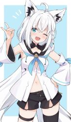 Rule 34 | 1girl, :d, ahoge, animal ear fluff, animal ears, aqua eyes, armpits, black shorts, black thighhighs, blue background, blue neckerchief, blush, braid, breasts, cowboy shot, crossed bangs, detached sleeves, fox ears, fox girl, fox shadow puppet, fox tail, gluteal fold, hand on own hip, highres, hololive, long hair, minazuki mizu, navel, neckerchief, one eye closed, open mouth, ribbon-trimmed sleeves, ribbon trim, shirakami fubuki, shirakami fubuki (1st costume), short shorts, shorts, side braid, single thighhigh, skindentation, small breasts, smile, solo, stomach, tail, thigh strap, thighhighs, two-tone background, virtual youtuber, white background, white hair