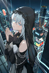 1girl absurdres bare_shoulders blue_eyes blue_hair breasts building city commentary_request dress frilled_dress frills highres hood long_hair looking_at_viewer night night_sky nun original revision ryeon_(naturesan) sky skyscraper small_breasts very_long_hair