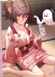 1girl absurdres alternate_costume alternate_hairstyle asahi_(vjss4548) black_nails blush boo_tao_(genshin_impact) bottle brown_hair floral_print flower-shaped_pupils genshin_impact hair_up highres holding holding_bottle hu_tao_(genshin_impact) indoors japanese_clothes kimono looking_at_viewer open_mouth red_eyes red_kimono red_sash sash sidelocks sitting solo symbol-shaped_pupils tatami wariza yukata