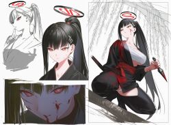 1girl alternate_costume alternate_hairstyle black_hair black_kimono black_thighhighs blood blood_on_clothes blood_on_face blood_on_hands blue_archive chest_sarashi closed_mouth highres holding holding_knife japanese_clothes kimono knife kunai long_hair looking_at_viewer looking_to_the_side okashi_please panties ponytail red_eyes rio_(blue_archive) sarashi single_sidelock solo squatting sweat thighhighs underwear weapon white_panties