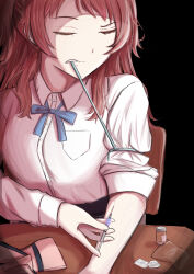 1girl absurdres black_bathrobe blue_ribbon breast_pocket brown_hair clenched_teeth closed_eyes collared_shirt commentary_request drugs fang gakuen_idolmaster hanami_saki highres idolmaster injection long_sleeves multicolored_hair neck_ribbon pocket ribbon school_uniform shirt sleeve_rolled_up solo syringe teeth two-tone_hair white_shirt yagihitsuji00