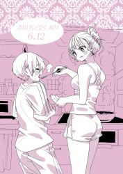 1boy 1girl ass bare_arms bare_shoulders blush boku_no_kokoro_no_yabai_yatsu bottle camisole chopsticks claw_hair_clip closed_mouth commentary_request dated dolphin_shorts feeding folded_hair hetero highres holding holding_bottle holding_chopsticks ichikawa_kyoutarou indoors kitchen long_hair monochrome official_art open_mouth pants sakurai_norio shirt short_hair shorts shoulder_blades standing stove t-shirt tongue tongue_out track_pants yamada_anna