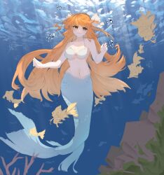1girl bikini bikini_top_only blue_tail breasts coral fish full_body highres ishmael_(project_moon) limbus_company long_hair medium_breasts mermaid monster_girl monsterification navel orange_hair project_moon shixianyua smile solo stomach submerged swimsuit underwater very_long_hair white_bikini yellow_eyes