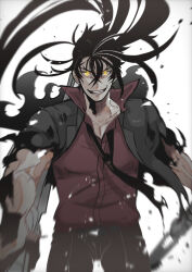 aura black_hair collarbone collared_shirt crazy_eyes crazy_grin dark_aura debris facing_viewer floating_hair furrowed_brow glowing glowing_eyes hair_between_eyes highres hiyomon holding holding_weapon jacket liu_zhigang long_hair looking_at_viewer loose_necktie motion_blur necktie red_shirt shirt solo_leveling sword torn_clothes torn_jacket torn_necktie veins veiny_arms weapon white_background yellow_eyes