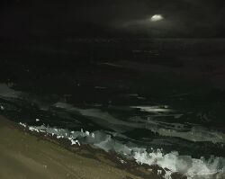 artist_name beach commentary english_commentary foaming_waves moon night night_sky no_humans ocean original outdoors sand scenery shore signature sky water zandra