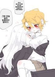 Rule 34 | 1boy, 1girl, between breasts, black jacket, blonde hair, blush, breasts, closed eyes, don quixote (project moon), face between breasts, head between breasts, highres, hug, jacket, jacket on shoulders, kneehighs, la manchaland&#039;s don quixote (project moon), large breasts, limbus company, looking at another, miniskirt, pleated skirt, pmchell 04, project moon, red eyes, sancho (project moon), shirt, sitting, sitting on lap, sitting on person, sketch, skirt, slit pupils, socks, sweat, unfinished, white hair, white shirt, white socks