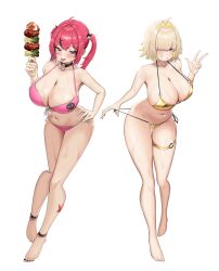 2girls :d absurdres ahoge barefoot bikini black_choker blonde_hair bluepaint breasts choker collarbone colored_inner_hair elegg_(nikke) fang food full_body goddess_of_victory:_nikke gold_bikini grin hair_intakes heart heart_o-ring highres holding holding_food holding_skewer large_breasts mast_(a_pirate&#039;s_heart)_(nikke) mast_(nikke) micro_bikini multicolored_hair multiple_girls navel o-ring o-ring_bikini open_mouth pink_bikini pink_eyes pink_hair purple_eyes short_hair side-tie_bikini_bottom simple_background skewer smile standing stomach strap_pull swimsuit thigh_strap twintails two-tone_hair w white_background