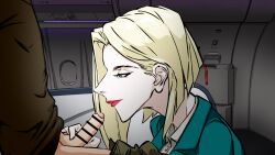 1boy 1girl animated animated_png bar_censor blonde_hair blue_eyes censored clothed_sex flight_attendant from_side gallipozzi hetero kissing_penis lipstick looking_at_another looking_at_penis makeup medium_hair medium_penis penis_grab red_lips travel_attendant