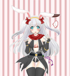 ... 1girl animal_ears armor assassin_cross_(ragnarok_online) black_gloves black_leotard black_thighhighs blue_eyes blush bow breasts chiyunko_(rna-14-fei) cleavage commentary_request cowboy_shot elbow_gloves fake_animal_ears fingerless_gloves fingernails gloves grey_hair hair_bow highres leotard long_hair looking_at_viewer navel open_mouth pauldrons pink_background rabbit_ears ragnarok_online red_bow red_scarf revealing_clothes scarf shoulder_armor solo spoken_ellipsis striped_background thighhighs two_side_up