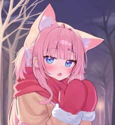 1girl absurdres alternate_costume animal_ears antenna_hair bare_tree blue_eyes blush breath brown_coat coat commentary deaver earrings gloves hair_ornament hair_ribbon hairclip hakui_koyori heart heart_earrings heart_hair_ornament highres hololive jewelry lamppost long_hair long_sleeves looking_at_viewer multicolored_eyes night official_alternate_hairstyle open_mouth pink_gloves pink_hair pink_scarf purple_eyes ribbon scarf solo teeth tree two-tone_eyes two_side_up upper_teeth_only virtual_youtuber white_ribbon winter wolf_ears wolf_girl