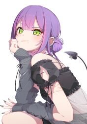 1girl arm_tattoo barbell_piercing black_shirt braid center-flap_bangs copyright_notice cross-laced_clothes cross-laced_sleeves demon_girl demon_tail detached_sleeves double-parted_bangs ear_piercing earrings frilled_sleeves frills from_behind green_eyes grey_nails grey_sleeves hair_bun hand_on_own_cheek hand_on_own_face hatsuka-20 highres hololive industrial_piercing jewelry looking_at_viewer multicolored_hair nail_polish official_alternate_costume official_alternate_hairstyle official_art piercing pink_hair pointy_ears purple_hair see-through_clothes see-through_shirt shirt short_hair simple_background sleeves_past_wrists smile solo spiked_ear_piercing streaked_hair tail tail_ornament tail_piercing tattoo tokoyami_towa virtual_youtuber white_background