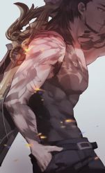 10s 1boy bayinxie beard belt black_hair embers facial_hair final_fantasy final_fantasy_xv gladiolus_amicitia hand_in_pocket looking_to_the_side male_focus manly mullet muscular profile solo sword tank_top tattoo weapon