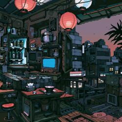 animated bowl building chopsticks dusk highres lantern no_humans original pixel_art restaurant table tagme television video waneella