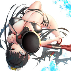 1girl absurdres aiming aiming_at_viewer bikini black_bikini black_hair black_nails black_wings blue_archive breasts dual_wielding evil_grin evil_smile flower grin gun hair_flower hair_ornament highres holding large_breasts looking_at_viewer navel official_alternate_costume okayusonmu red_eyes shotgun shotgun_shell smile solo swimsuit tsurugi_(blue_archive) tsurugi_(swimsuit)_(blue_archive) weapon white_flower wings yellow_flower