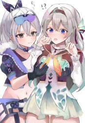 !? 2girls black_hairband black_jacket blue_pupils blush breasts cropped_jacket eyewear_on_head firefly_(honkai:_star_rail) frilled_sleeves frills gradient_eyes gradient_hair grey_hair groping hair_between_eyes hair_intakes hair_ornament hair_ribbon hairband hands_on_another&#039;s_chest highres honkai:_star_rail honkai_(series) jacket jealous large_breasts long_hair long_sleeves miniskirt multicolored_eyes multicolored_hair multiple_girls navel neckerchief ohutonnemuohayo open_mouth orange_neckerchief ponytail pout ribbon silver_wolf_(honkai:_star_rail) skirt sweatdrop thick_thighs thighs tinted_eyewear white_sleeves