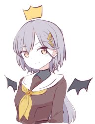 1girl blush breasts brown_dress closed_mouth demon_wings drawn_crown drawn_wings dress grey_hair hair_ornament hasu_no_sora_school_uniform katsuragi_izumi link!_like!_love_live! long_hair long_sleeves looking_at_viewer love_live! medium_breasts neckerchief orange_eyes sailor_collar sailor_dress school_uniform simple_background sio_pasta smile solo split_mouth triangle_hair_ornament turtleneck virtual_youtuber white_background white_sailor_collar wings winter_uniform wolf_cut yellow_neckerchief