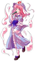 1girl alphes_(style) commentary_request dairi dress full_body ghost hand_fan hat highres parody pink_eyes pink_hair saigyouji_yuyuko short_hair smile solo style_parody tachi-e touhou transparent_background triangular_headpiece wide_sleeves