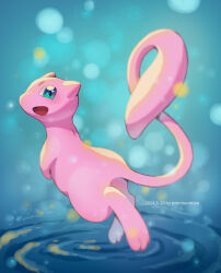 :d aqua_eyes artist_name blush commentary_request dated gen_1_pokemon happy highres legendary_pokemon looking_at_viewer mew_(pokemon) mythical_pokemon nintendo no_humans open_mouth pmmiaomiao pokemon pokemon_(creature) ripples smile solo water