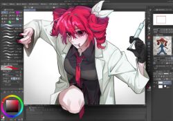 1girl alternate_costume art_program_in_frame black_gloves black_shirt bow breasts coat collared_shirt double-parted_bangs drill_hair dual_persona fingernails gloves grin hair_between_eyes hair_bow igaku_(utau) kasane_teto kasane_teto_(sv) large_breasts long_sleeves looking_at_viewer mouth_hold nail_polish necktie norane89 open_clothes open_coat pill red_eyes red_hair red_nails red_necktie shirt smile synthesizer_v syringe through_medium through_screen twin_drills utau white_bow white_coat wing_collar