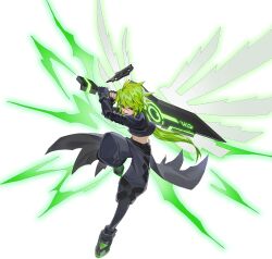 Rule 34 | 1boy, angel, aotu world, arm strap, belt, black belt, black boots, black gloves, black jacket, black pants, boots, closed mouth, cropped jacket, detached wings, energy, energy wings, fighting stance, fingerless gloves, full body, gloves, greatsword, green background, green hair, green theme, hair between eyes, halo, holding, holding sword, holding weapon, huge weapon, jacket, long hair, long sleeves, looking at viewer, low ponytail, male focus, midriff, multicolored eyes, official art, open mouth, pants, ponytail, qi chuang she, red eyes, smile, solo, sword, third-party source, waist cape, weapon, wings, xander (aotu world), yellow eyes