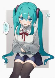 1girl :d aqua_hair artist_name bandaged_neck bandages bandaid bandaid_on_cheek bandaid_on_face blue_eyes blue_skirt blush border brown_thighhighs collared_shirt commentary_request corn_kuten cowboy_shot grey_background hair_between_eyes hatsune_miku highres long_hair long_sleeves looking_at_viewer neck_ribbon open_mouth outside_border pleated_skirt red_ribbon ribbon shirt simple_background skirt smile solo speech_bubble sweat thighhighs translation_request twitter_username very_long_hair vocaloid watermark white_border white_shirt zettai_ryouiki