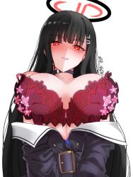 Rule 34 | 1girl, bare shoulders, black hair, blue archive, bra, breasts, choker, commentary, grin, hair ornament, hairclip, halo, heart, heart-shaped pupils, highres, iz art24, large breasts, long hair, looking at viewer, off shoulder, red bra, red eyes, ringed eyes, rio (blue archive), simple background, smile, solo, symbol-shaped pupils, underwear, white background