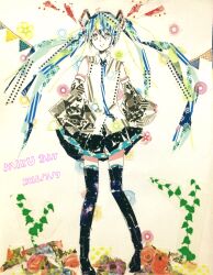 1girl 2016 abstract absurdres aqua_hair asagi_kino black_boots black_skirt blonde_hair blue_hair blue_necktie boots brown_sleeves collared_shirt commentary_request contrapposto dated detached_sleeves flower full_body hair_between_eyes hair_ornament hatsune_miku highres long_hair looking_at_viewer masking_tape_(medium) miku_day miniskirt mixed_media multicolored_hair necktie photo_(medium) plant shirt sidelocks skirt sleeveless sleeveless_shirt solo starry_sky_print straight-on thigh_boots thighhighs traditional_media twintails unconventional_media very_long_hair vocaloid white_background white_eyes white_shirt wide_sleeves zettai_ryouiki