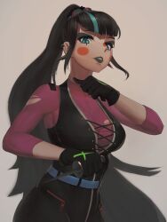 1girl absurdres aqua_eyes aqua_streaks belt black_corset black_gloves black_hair black_pants blue_belt blunt_bangs breasts cleavage commentary corset covered_collarbone cowboy_shot dagger dc_comics ear_piercing earrings english_commentary gloves grey_background grey_lips hair_ornament highres holding holding_dagger holding_knife holding_weapon jewelry knife long_hair looking_at_viewer multicolored_hair numanoan pants parted_lips piercing ponytail punchline_(dc) purple_shirt shirt sidelocks simple_background solo torn_clothes torn_shirt two-tone_hair very_long_hair weapon zipper zipper_pull_tab