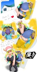 1boy 1girl absurdres against_wall age_difference ass ass_grab blue_shirt blush breasts commentary denim english_commentary english_text face_in_ass fart farting_in_face heart highres house huge_ass huge_breasts jeans kobayashi-san_chi_no_maidragon lazei lucoa_(maidragon) magatsuchi_shouta mature_female multicolored_hair onee-shota pants purple_hair shirt shota skull socks tank_top tears thick_thighs thighhighs thighs