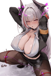 Rule 34 | 1girl, absurdres, admiral zenker (azur lane), admiral zenker (fun with...interrogations?) (azur lane), areola slip, armband, arms behind head, artist name, azur lane, bdsm, black horns, black jacket, black pantyhose, black shoes, black skirt, bondage, bound, breasts, cleavage, e.c.ho, female ejaculation, female ejaculation through clothes, female orgasm, high heels, highres, holding, horns, huge breasts, jacket, large variant set, long hair, looking at viewer, multicolored hair, office lady, official alternate costume, orgasm, pantyhose, pencil skirt, pussy juice, red eyes, red hair, red streaks, restrained, sex toy, shirt, shoes, simple background, skirt, solo, spread legs, squatting, streaked hair, teeth, torn clothes, torn pantyhose, two-tone hair, variant set, vibrator, white hair, white shirt, yellow armband