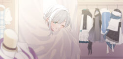 1girl aqua_eyes changing_clothes clothes_hanger covering_body curtains grin highres jacket kaga_sumire looking_at_viewer lupinus_virtual_games mannequin mole mole_under_eye one_eye_closed parted_bangs smile solo syurimp unworn_clothes unworn_jacket virtual_youtuber vspo! white_hair