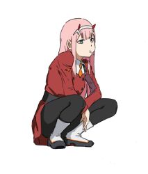 Rule 34 | 1girl, absurdres, bbb, belt, black leggings, boots, candy, darling in the franxx, dress, food, full body, green eyes, hairband, highres, horns, leggings, lollipop, long hair, long sleeves, military uniform, necktie, orange necktie, pink hair, red dress, red horns, simple background, solo, squatting, white background, white hairband, zero two (darling in the franxx)